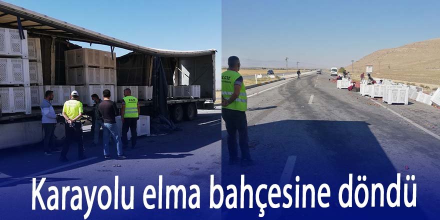 Tır kontrolden çıktı, Elmalar karayoluna saçıldı