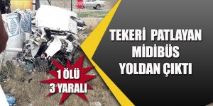 TEKERİ PATLAYAN MİDİBÜS OTOMOBİLE ÇARPTI ; 1 ÖLÜ 3 YARALI.